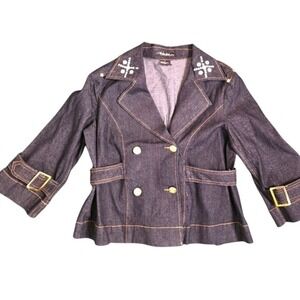 Drama Gold Womens Lrg Jean Jacket Dark Wash Double Breasted  Large Belted Career